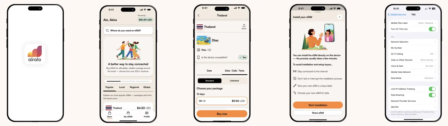 Step by step guide showing how to download, purchase, install and activate an Airalo eSIM on iPhone and Android